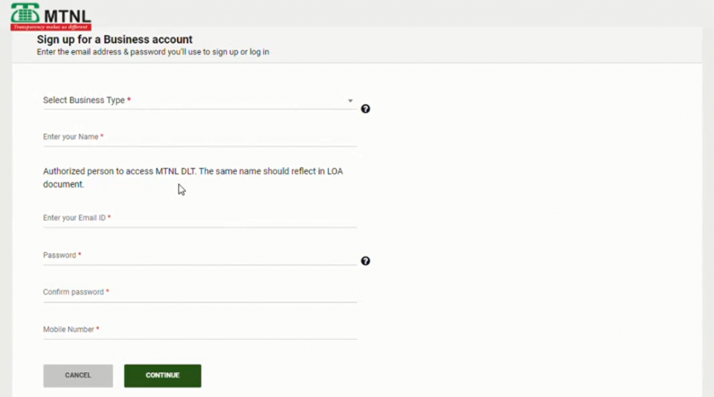 Fill the form with Required Details. - MTNL DLT