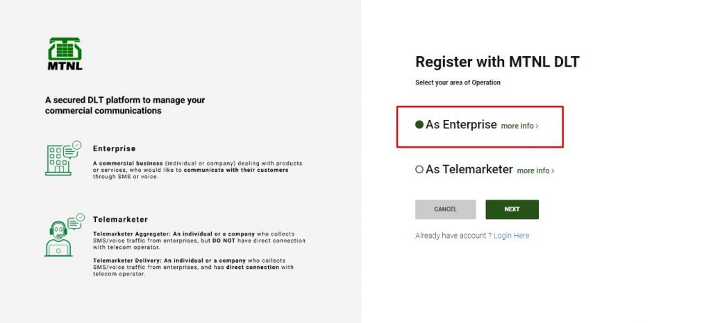 Select Type of Registration As Enterprise